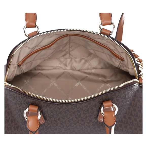 Michael Kors Veronica Medium Logo Dome Satchel Brown MK Signature Logo Acorn - Picture 5 of 8